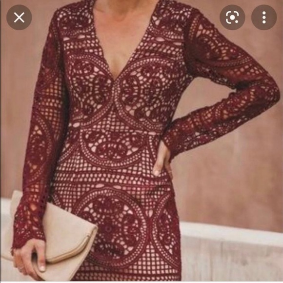 New Vici burgundy red wine long sleeve crochet lace cocktail mini dress size S - Picture 2 of 10